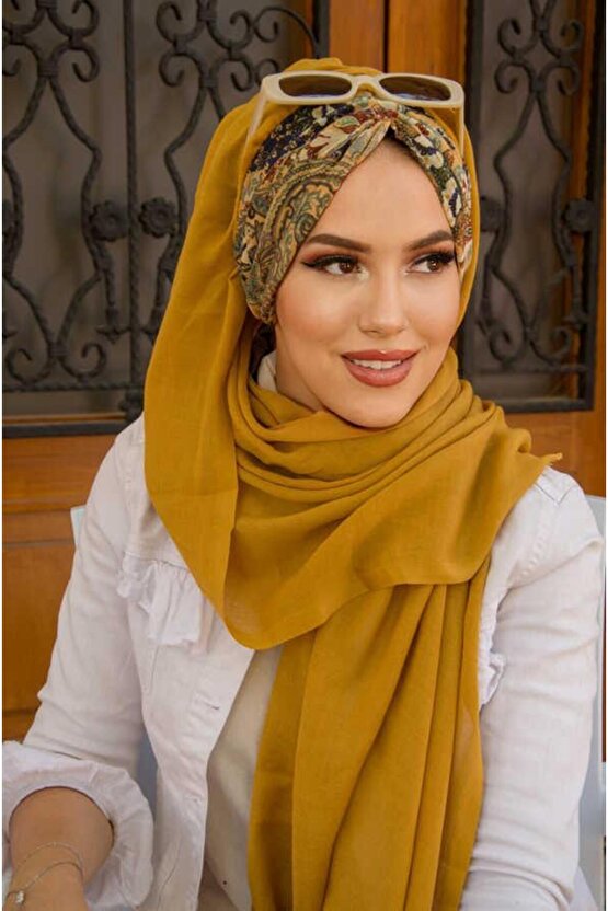 Hardal Etnik Desen Büzgülü Hazır Şal