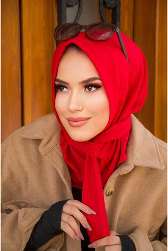 Kırmızı Çizgili Kışlık Hazır Eşarp