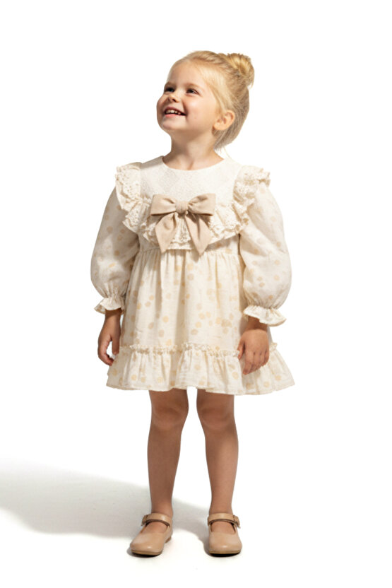 Kız Bebek Elbise Kız Çocuk Elbise Puanlı Doğum Günü Parti Düğün Özel Gün Uzun Kol Fiyonk Astarlı