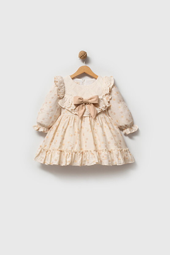 Kız Bebek Elbise Kız Çocuk Elbise Puanlı Doğum Günü Parti Düğün Özel Gün Uzun Kol Fiyonk Astarlı