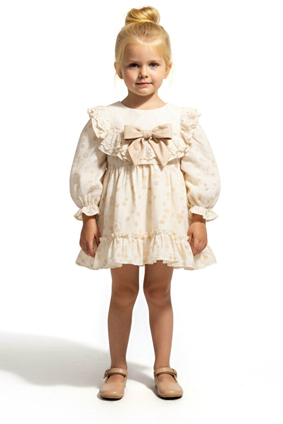 Kız Bebek Elbise Kız Çocuk Elbise Puanlı Doğum Günü Parti Düğün Özel Gün Uzun Kol Fiyonk Astarlı