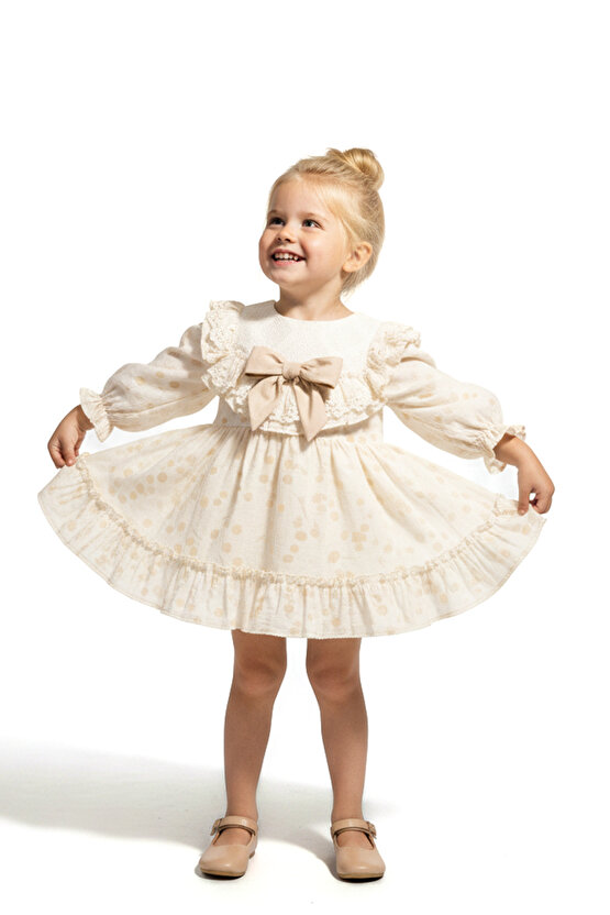Kız Bebek Elbise Kız Çocuk Elbise Puanlı Doğum Günü Parti Düğün Özel Gün Uzun Kol Fiyonk Astarlı