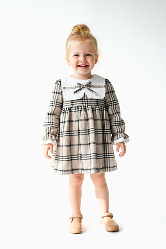 Kız Bebek Elbise Kız Çocuk Elbise Yakalı Doğum Günü Parti Düğün Özel Gün Uzun Kol Astarlı Kurdela