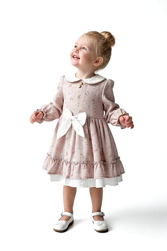 Kız Bebek Elbise Kız Çocuk Elbise Yakalı Doğum Günü Parti Düğün Özel Gün Uzun Kol Fiyonklu Çiçekli