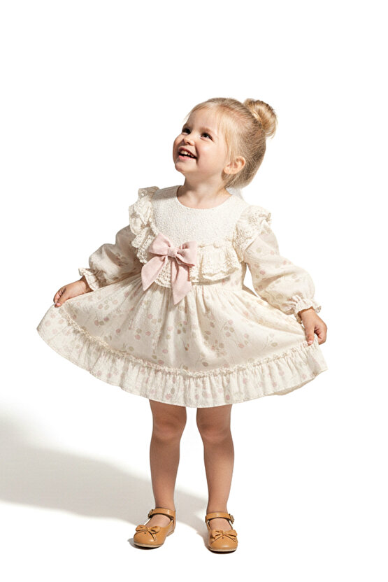 Kız Bebek Elbise Kız Çocuk Elbise Puanlı Doğum Günü Parti Düğün Özel Gün Uzun Kol Fiyonk Astarlı