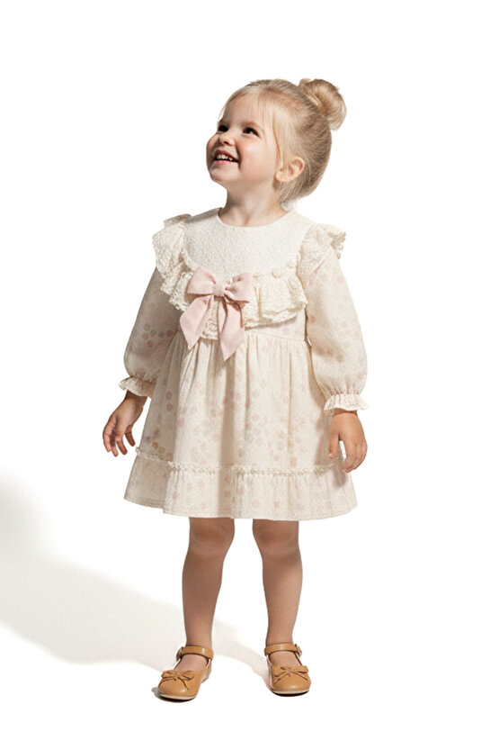 Kız Bebek Elbise Kız Çocuk Elbise Puanlı Doğum Günü Parti Düğün Özel Gün Uzun Kol Fiyonk Astarlı