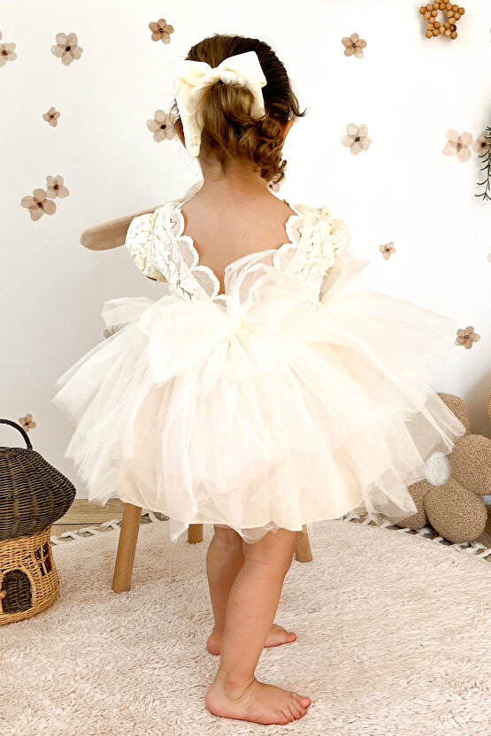 Kız Bebek Elbise Kız Çocuk Elbise Doğum Günü Parti Düğün Elbise Dantelli Kısa Kol Astarlı Elbise