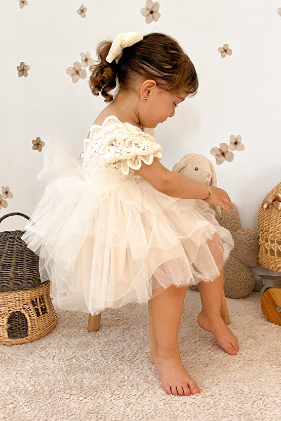 Kız Bebek Elbise Kız Çocuk Elbise Doğum Günü Parti Düğün Elbise Dantelli Kısa Kol Astarlı Elbise