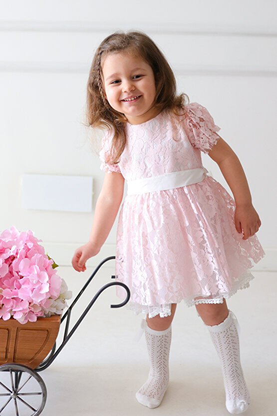 Kız Bebek Elbise Kız Çocuk Elbise Doğum Günü Parti Düğün Elbise Dantelli Kısa Kol Astarlı Elbise