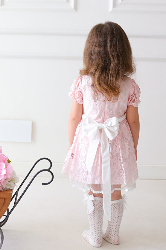 Kız Bebek Elbise Kız Çocuk Elbise Doğum Günü Parti Düğün Elbise Dantelli Kısa Kol Astarlı Elbise