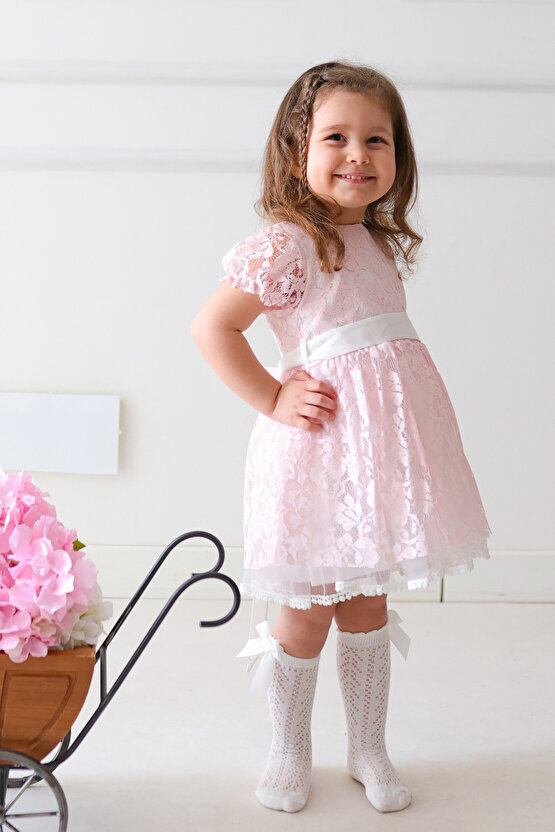 Kız Bebek Elbise Kız Çocuk Elbise Doğum Günü Parti Düğün Elbise Dantelli Kısa Kol Astarlı Elbise