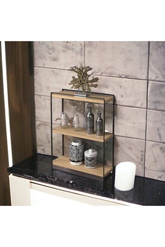 2 Adet Dekoratif Mini Duvar Rafı, Tezgah Üstü Raf, Obje, Baharat, Kaktüs Rafı 2li Ahşap - Metal Raf