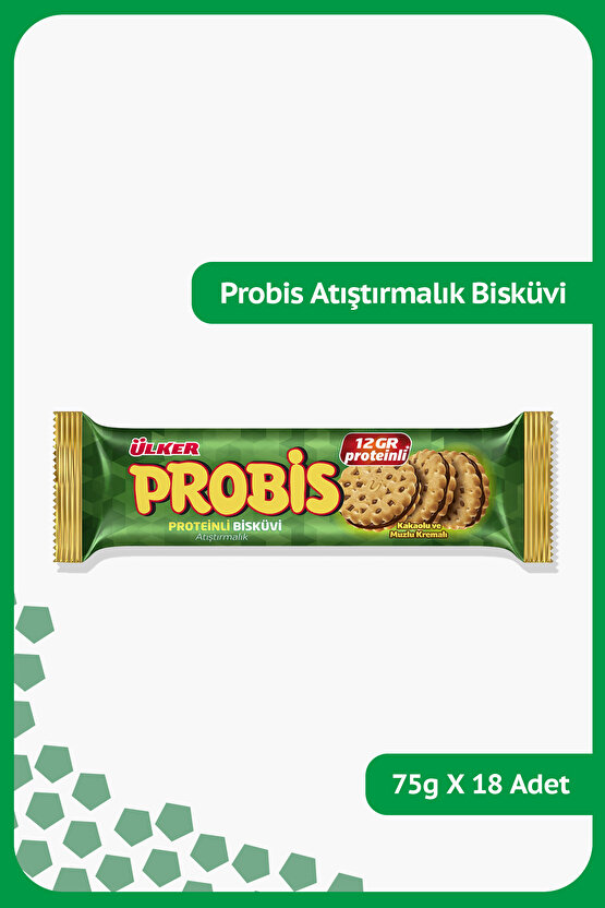 PROBİS Şeker İlavesiz Proteinli Bisküvi - Kakaolu ve Muzlu Kremalı - 75 gram - 18 Adet