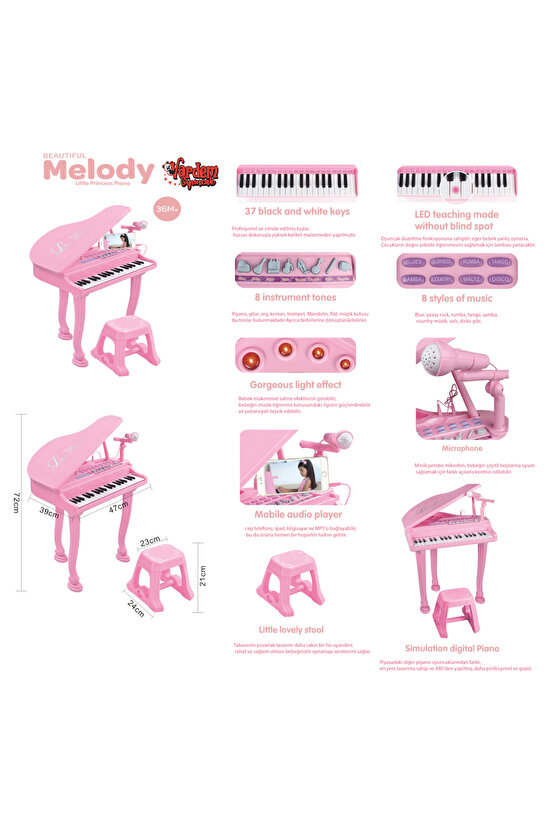 37 Tuşlu Mini Piano Mikrofonlu Ve Tabureli Çocuk Piyano Pembe-88022