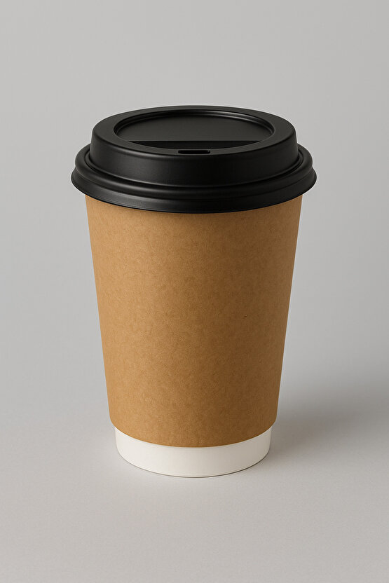 14 OZ DOUBLE WALL KRAFT GÖRÜNÜM KARTON BARDAK + SİYAH KAPAKLI 50Lİ