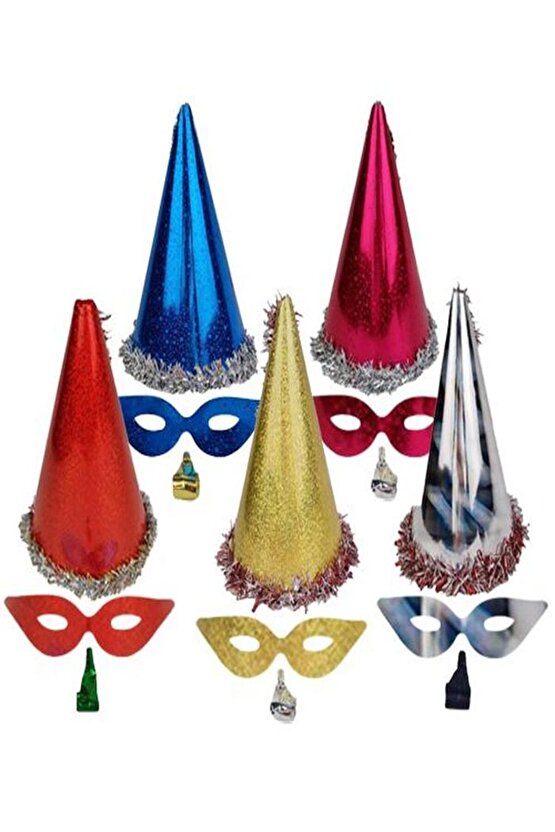 Saniye Törin 5li Renkli Yılbaşı Şapkası Maske Ve Düdük Seti Kağıt Üçgen Katyon Set Kaynana Dili