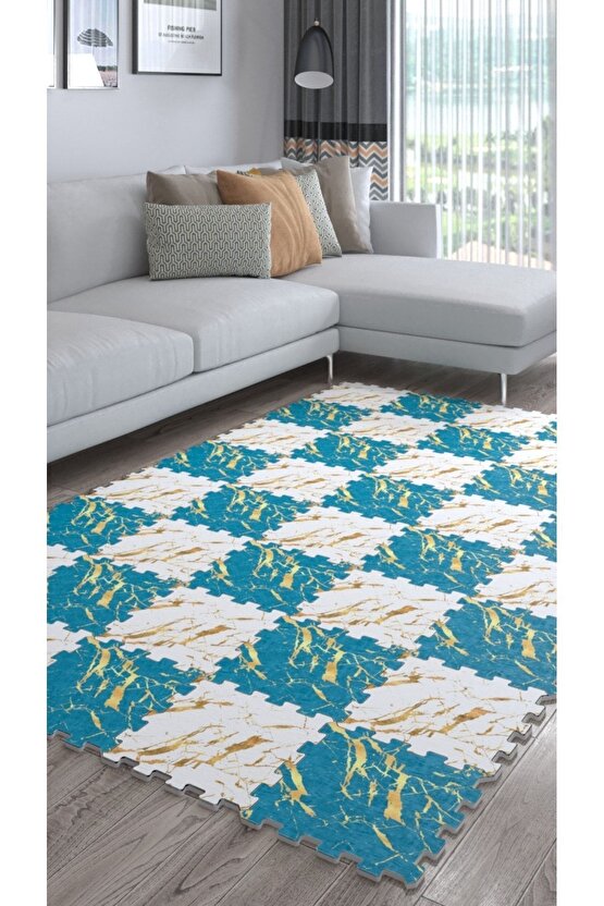 Mavi Beyaz Desenli Salon Halısı Ths27 | Yapboz Halı | Puzzle Halı