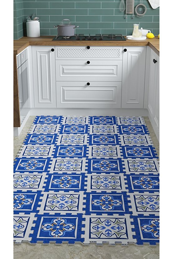 Dekoratif Mavi Beyaz Desenli Mutfak Halısı Thm35 | Yapboz Halı | Puzzle Halı