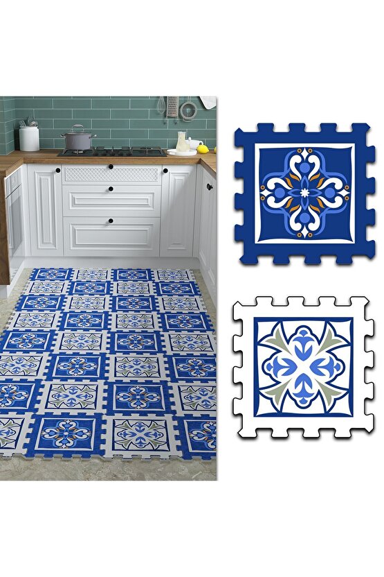Dekoratif Mavi Beyaz Desenli Mutfak Halısı Thm35 | Yapboz Halı | Puzzle Halı