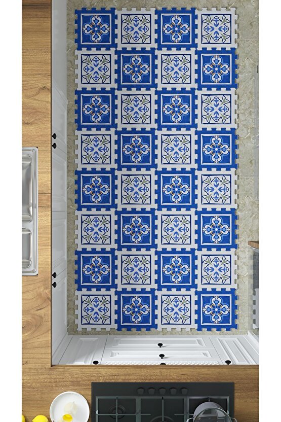 Dekoratif Mavi Beyaz Desenli Mutfak Halısı Thm35 | Yapboz Halı | Puzzle Halı