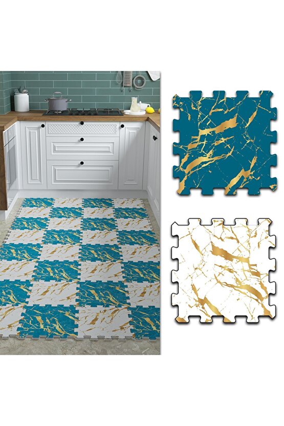 Mavi Beyaz Mermer Desenli Mutfak Halısı Thm27 | Yapboz Halı | Puzzle Halı