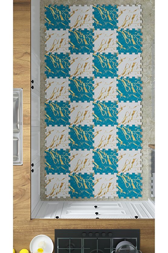 Mavi Beyaz Mermer Desenli Mutfak Halısı Thm27 | Yapboz Halı | Puzzle Halı