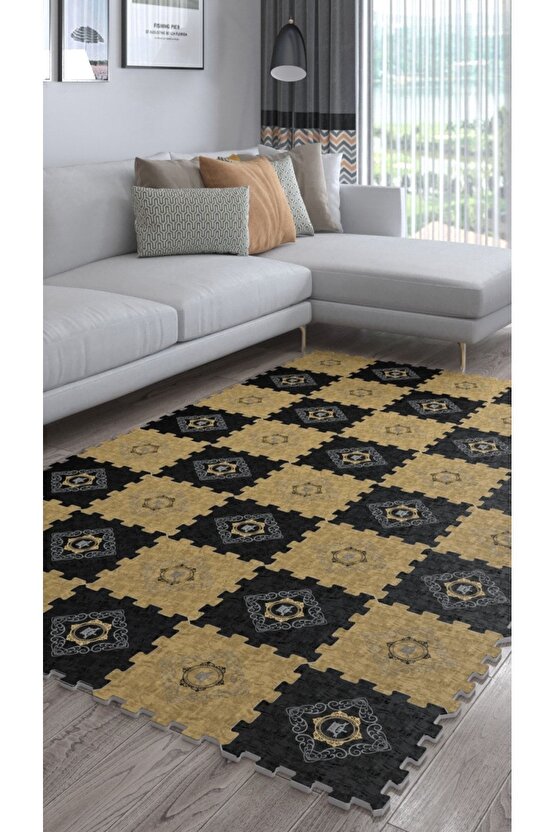 Kahverengi Siyah Dekoratif Salon Halısı Ths25 | Yapboz Halı | Puzzle Halı