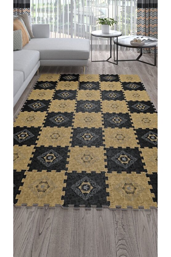 Kahverengi Siyah Dekoratif Salon Halısı Ths25 | Yapboz Halı | Puzzle Halı