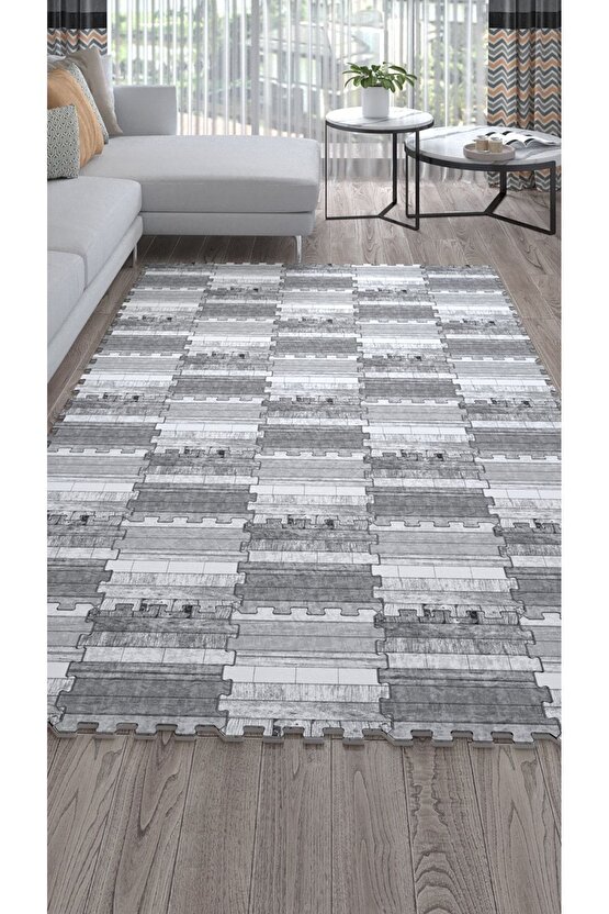 Döşeme Desenli Gri Dekoratif Salon Halısı Ths18b | Yapboz Halı | Puzzle Halı