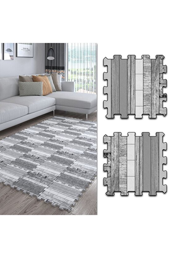 Döşeme Desenli Gri Dekoratif Salon Halısı Ths18b | Yapboz Halı | Puzzle Halı