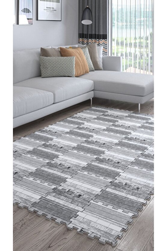 Döşeme Desenli Gri Dekoratif Salon Halısı Ths18b | Yapboz Halı | Puzzle Halı
