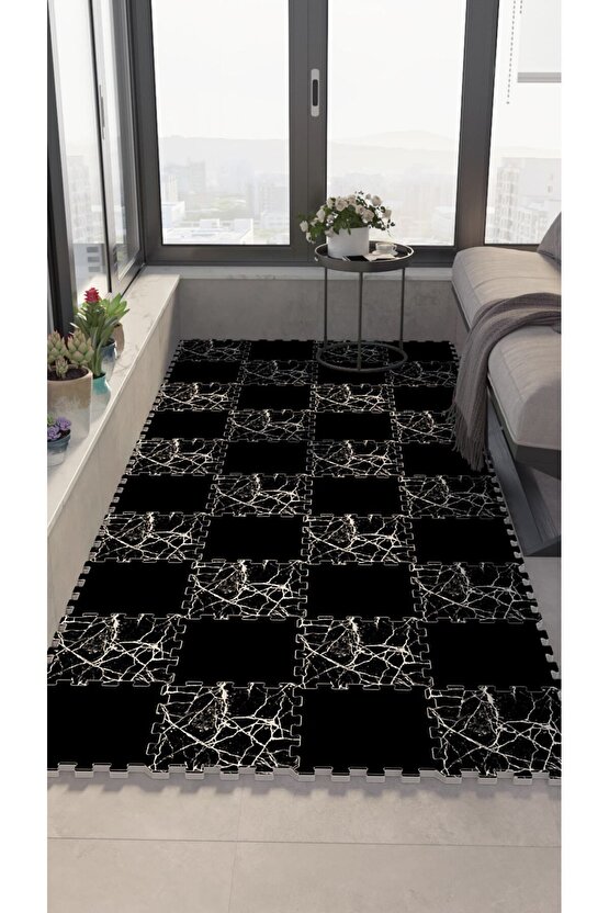 Siyah Mermer Desenli Su Geçirmez Balkon Halısı Thb30 | Yapboz Halı | Puzzle Halı