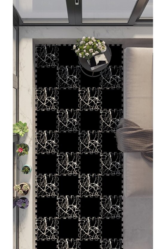 Siyah Mermer Desenli Su Geçirmez Balkon Halısı Thb30 | Yapboz Halı | Puzzle Halı
