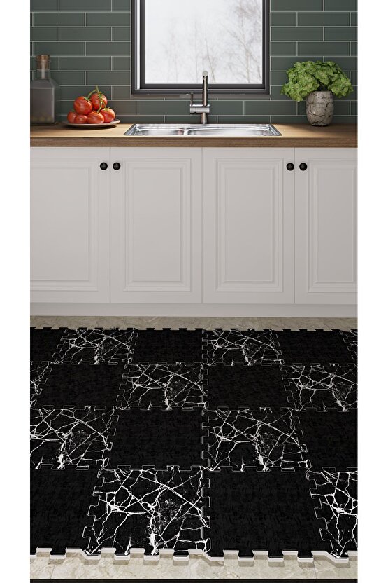 Siyah Su Geçirmez Mutfak Halısı Thm30 | Yapboz Halı | Puzzle Halı
