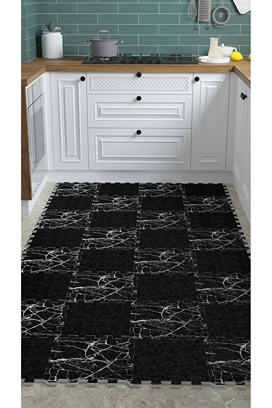 Siyah Su Geçirmez Mutfak Halısı Thm30 | Yapboz Halı | Puzzle Halı