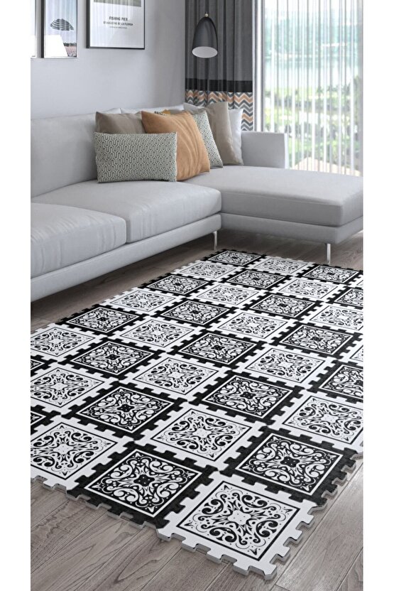 Siyah Beyaz Puzzle Halı Desenli Şık Salon Halısı Ths44 | Yapboz Halı | Puzzle Halı