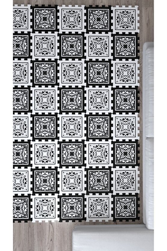 Siyah Beyaz Puzzle Halı Desenli Şık Salon Halısı Ths44 | Yapboz Halı | Puzzle Halı
