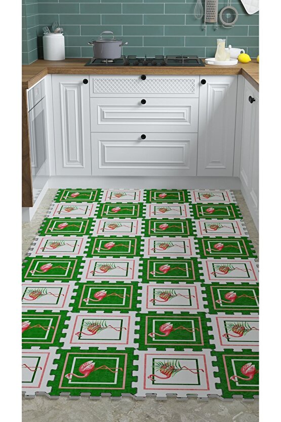 Leylekli Yeşil Beyaz Mutfak Halısı Thm10 | Yapboz Halı | Puzzle Halı