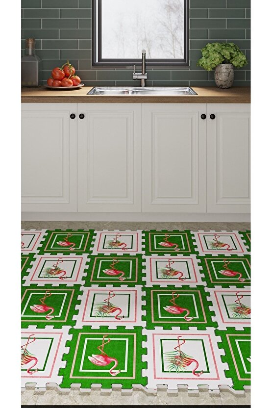 Leylekli Yeşil Beyaz Mutfak Halısı Thm10 | Yapboz Halı | Puzzle Halı