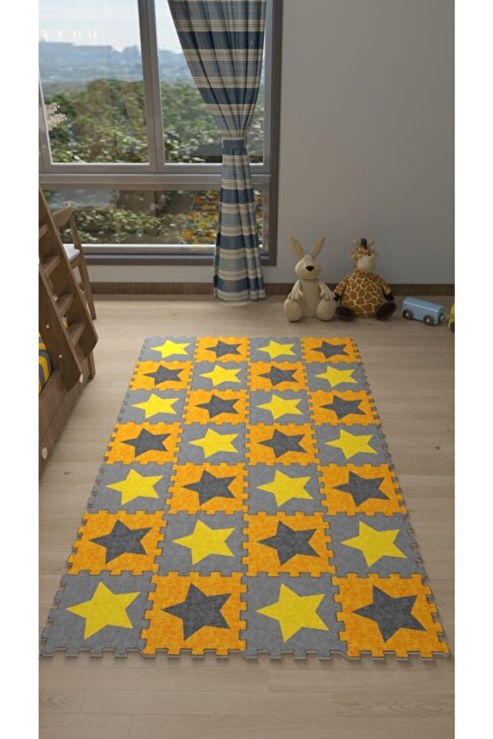Makinede Yıkanabilen Yıldızlı Çocuk Odası Sı Thc6 | Yapboz Halı | Puzzle Halı
