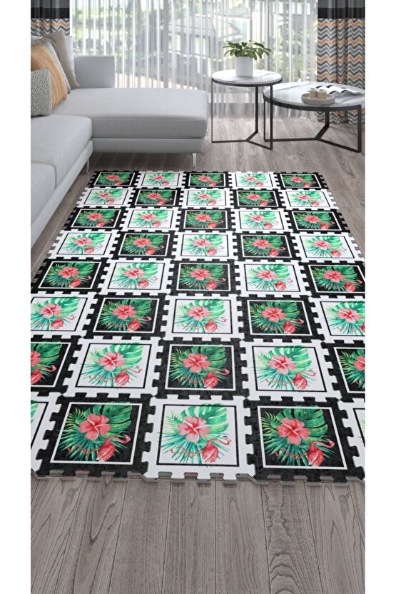 Çiçek Desenli Yıkanabilir Dekoratif Salon Halısı Ths9 | Yapboz Halı | Puzzle Halı