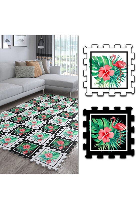 Çiçek Desenli Yıkanabilir Dekoratif Salon Halısı Ths9 | Yapboz Halı | Puzzle Halı