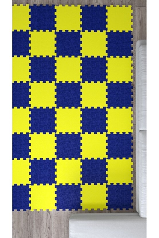 Sarı Lacivert Dekoratif Yıkanabilir Salon Halısı Ths31 | Yapboz Halı | Puzzle Halı
