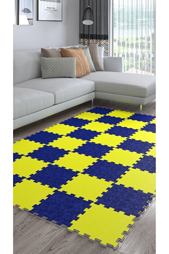 Sarı Lacivert Dekoratif Yıkanabilir Salon Halısı Ths31 | Yapboz Halı | Puzzle Halı
