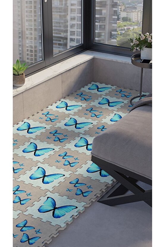 Kelebek Desenli Yumuşak Balkon Halısı Modelleri | Yapboz Halı | Puzzle Halı