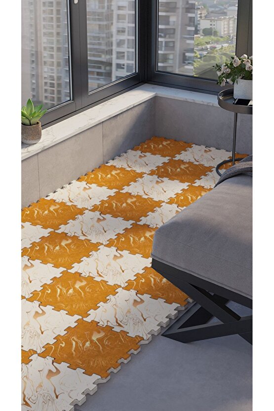 Turuncu Dekoratif Leke Tutmaz Balkon Halısı Thb33 | Yapboz Halı | Puzzle Halı