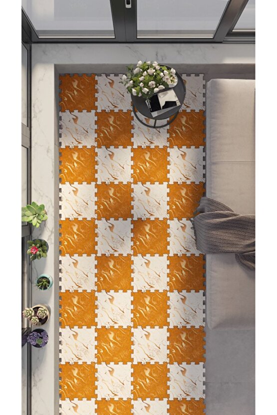 Turuncu Dekoratif Leke Tutmaz Balkon Halısı Thb33 | Yapboz Halı | Puzzle Halı