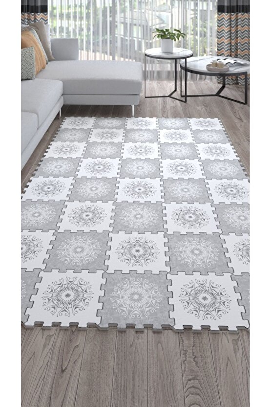 Gri Beyaz Desenli Yumuşak Salon Halısı Ths12 | Yapboz Halı | Puzzle Halı