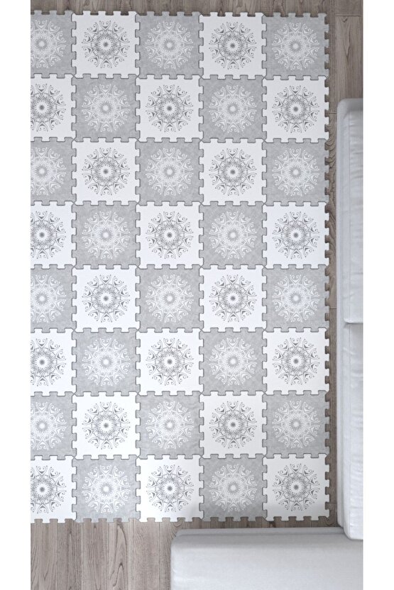 Gri Beyaz Desenli Yumuşak Salon Halısı Ths12 | Yapboz Halı | Puzzle Halı
