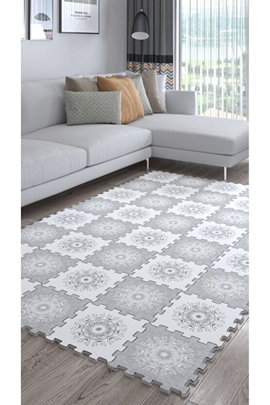 Gri Beyaz Desenli Yumuşak Salon Halısı Ths12 | Yapboz Halı | Puzzle Halı